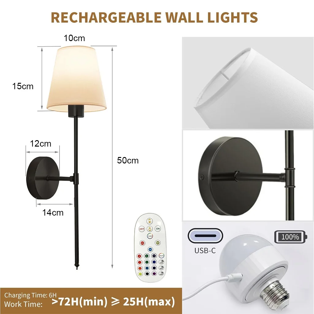 USB Rechargeable Wall Sconces 300 Lumens 15 Color RGB 5 Brightness Levels Dimmable Gold Iron Frame Linen-Textured Shade Cordless