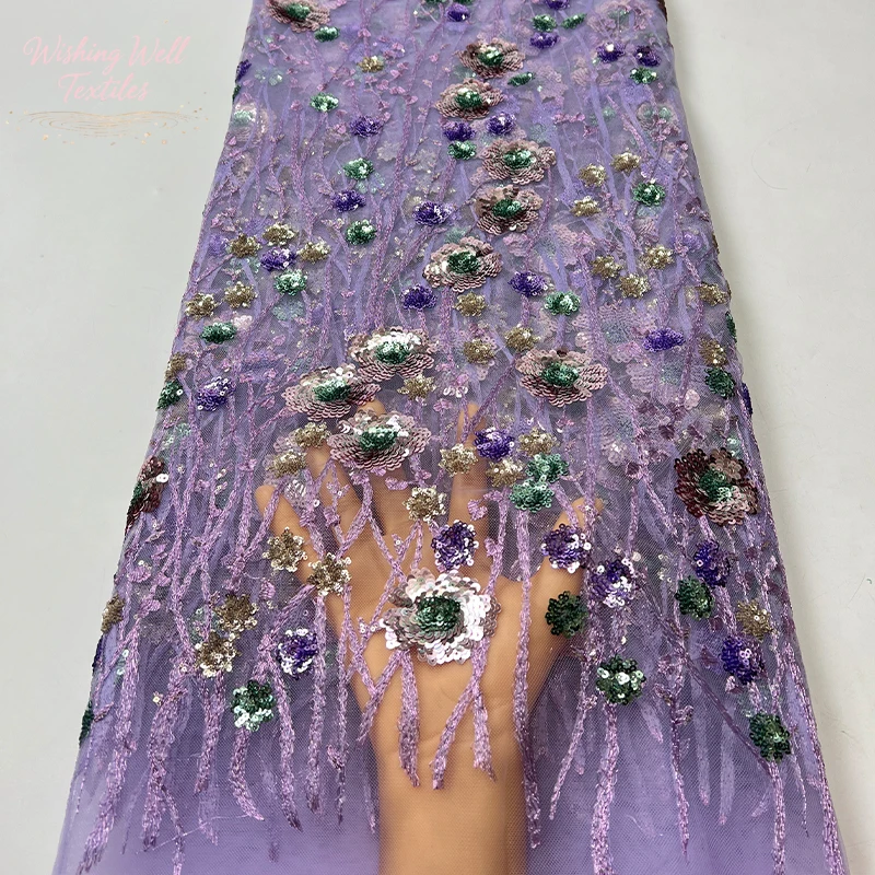 French blue lace mesh fabric, African handicraft flower sequin embroidery fabric, high-quality, dress sewing fabric