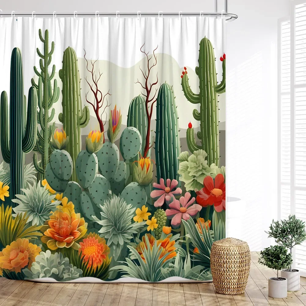 Cactus Shower Curtain, Tropical Plants Bonsai Desert Flower Butterfly Farm Wooden Plank Palm Leaf Print Home Bathroom Decoration