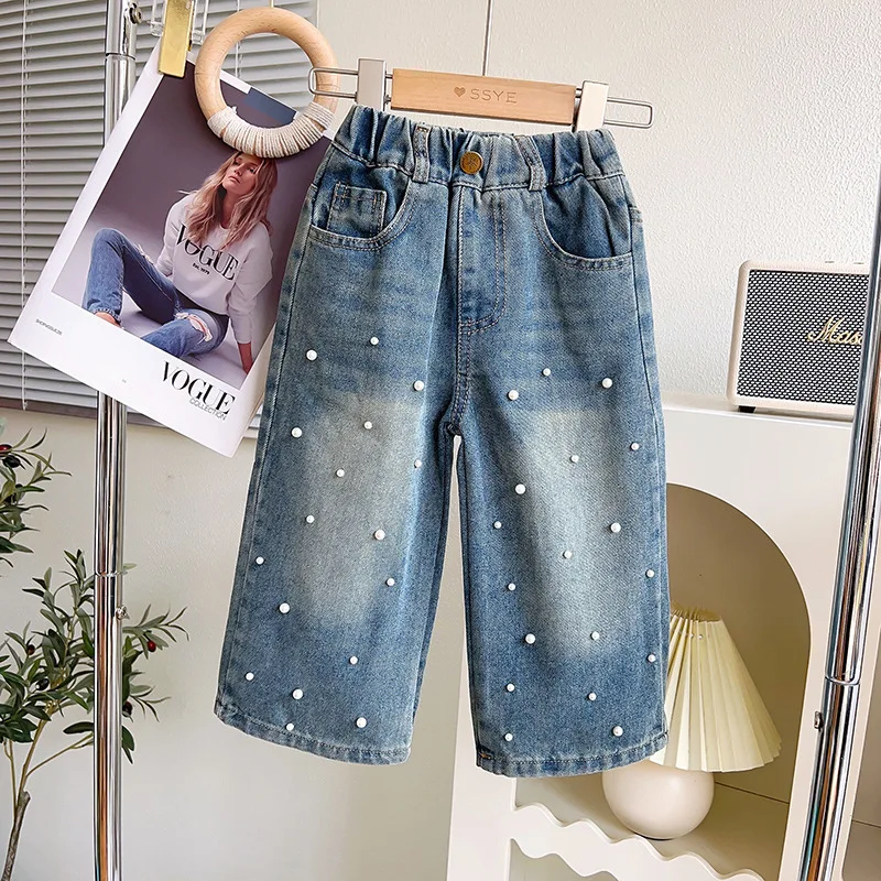 

Kids Pants Girls Fashion Autumn Season New Korean Versatile Solid Pearl Jeans 2023 Elastic Waist Pocket Simple Cool