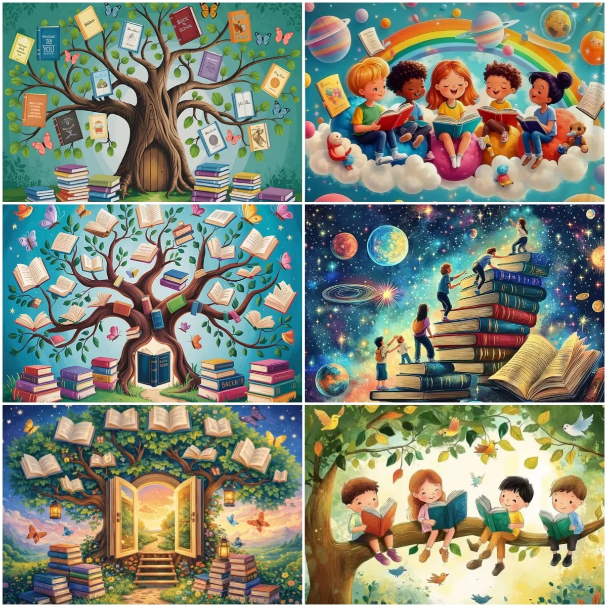 Read Books Theme Party Decoration Backdrop Tree of Knowledge Background  Colorful Banner Photography Props Student Gift Supplies