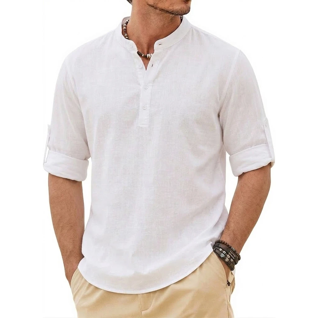 Fashion Mens Linen Shirts Luxury Henley Casual T-Shirts Long Sleeve Cotton T-Shirts Beach Hawaiian Summer Shirt for Men Gym Man