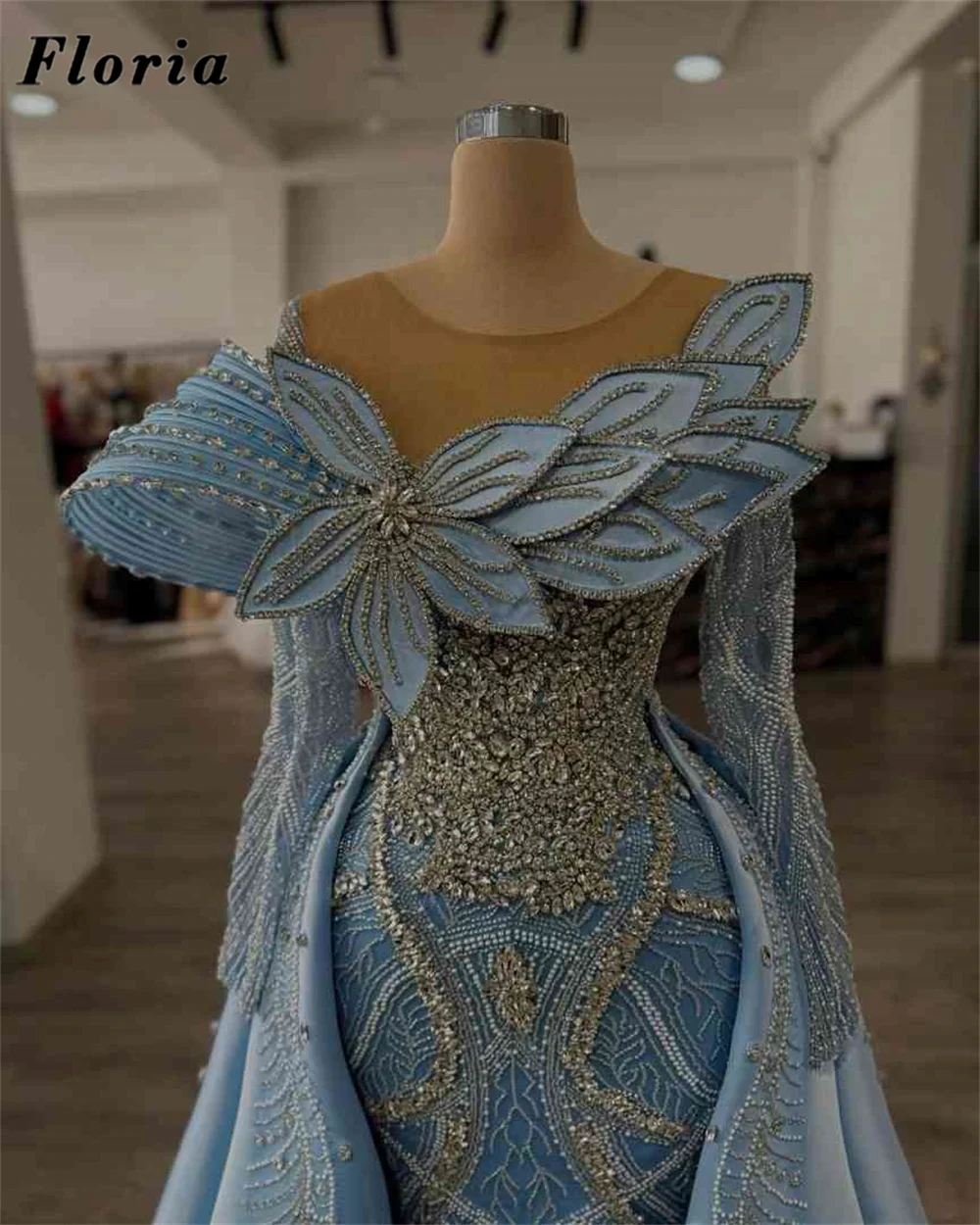 

Arabic Blue Off Shoulder Cocktail Dresses With Detachable Skirt Beaded Evening Dress Wedding Party Vestidos De Cóctel Customized