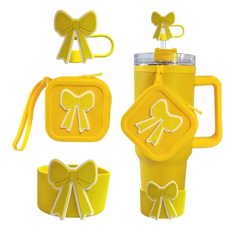 Sports Water Bottle Accessories set for  Cup 30oz 40oz Tumbler, Includes Bow Straw Cover, Protective Silicone Boot Sleeve, Cute