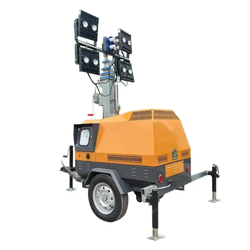4*1000W Trailer Manual Lift Mobile Tower 7m Electric Lift Poker LED Lamp Halogen Lamp Trailer Light Tower