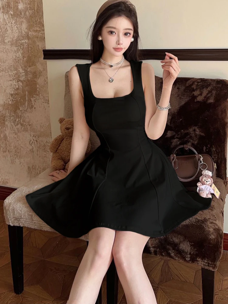 2025 Red Pleated Bodycon Square Collar Sling Sexy Mini Dress Summer Elegant Chic A-Line Dress Women Korean Festival Party Dress