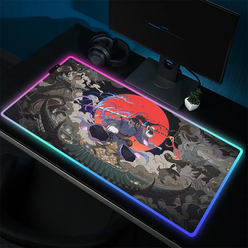 Светодиодный игровой коврик для мыши Oni, резиновый коврик для мыши, RGB геймерский нескользящий коврик для мыши, игровой Настольный коврик с фиксирующим краем, коврики для клавиатуры с аниме и HD-печатью XL