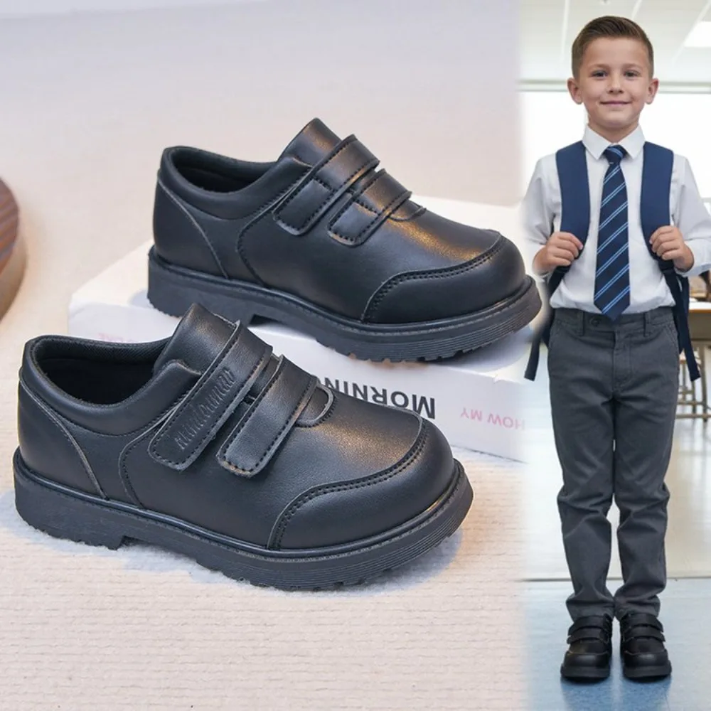 Black Leather School Shoes for Boys Non-slip Soft Sole Durable Uniform Dress Shoes with Adjustable Strap for Kids