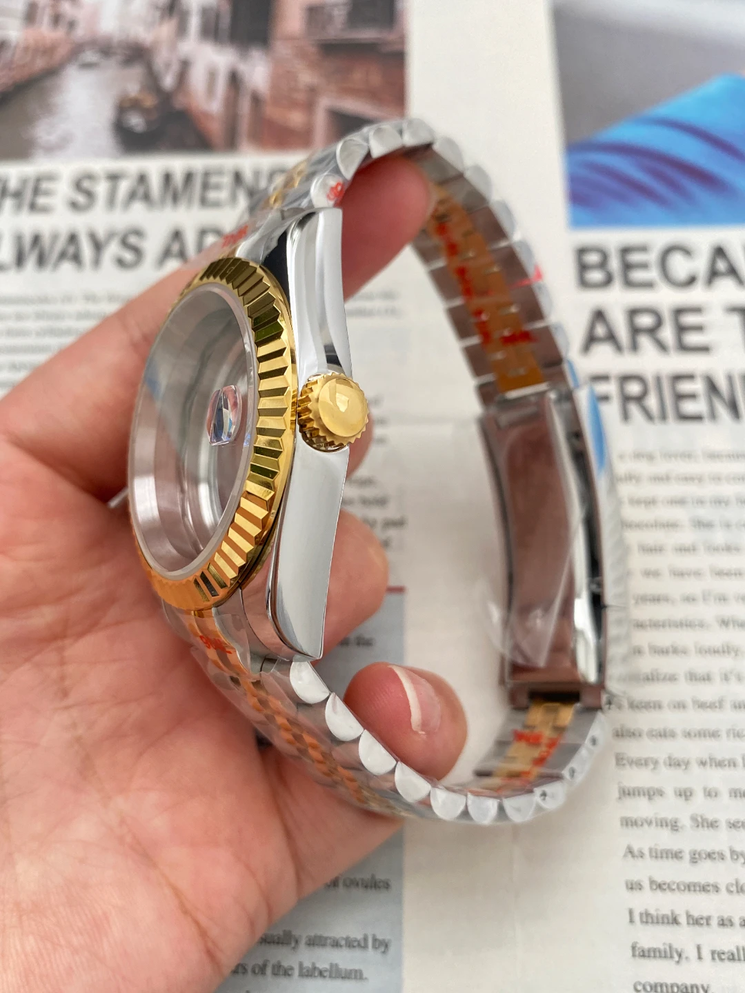 حلقة أسنان الكلب، غرفة خشبية، غرفة ذهبية، حزام ذهبي وردي، زجاج الياقوت مناسب لحركة NH35/36