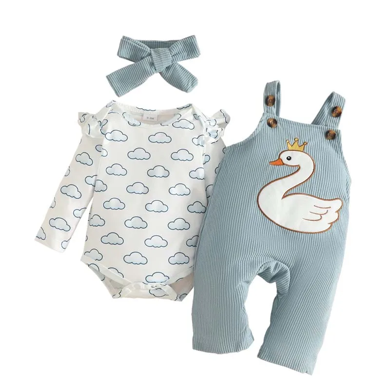

Baby Girl 3Pcs Outfit Set Print Long Sleeve Bodysuit+Swan Embroidered Overalls+Headband Spring Autumn Newborn Clothes 0-18M
