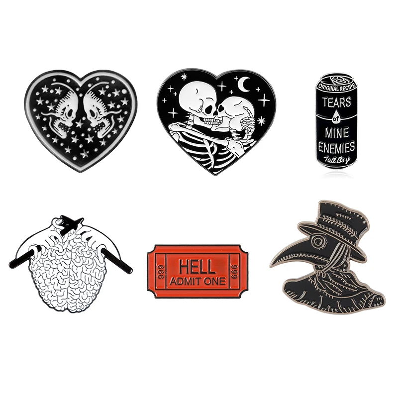 

Punk Collection Enamel Pins Dark Black Brooch Plague Doctor Heart Wine Hell Badge Denim Shirt Lapel Pin Gothic Jewelry Gift