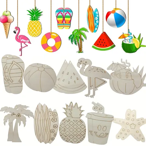 12pcs 나무 플라밍고 파인애플 장식품 어린이를위한 여름 파티 매달려 공예 풀 파티 장식 DIY 그림 선물 용품