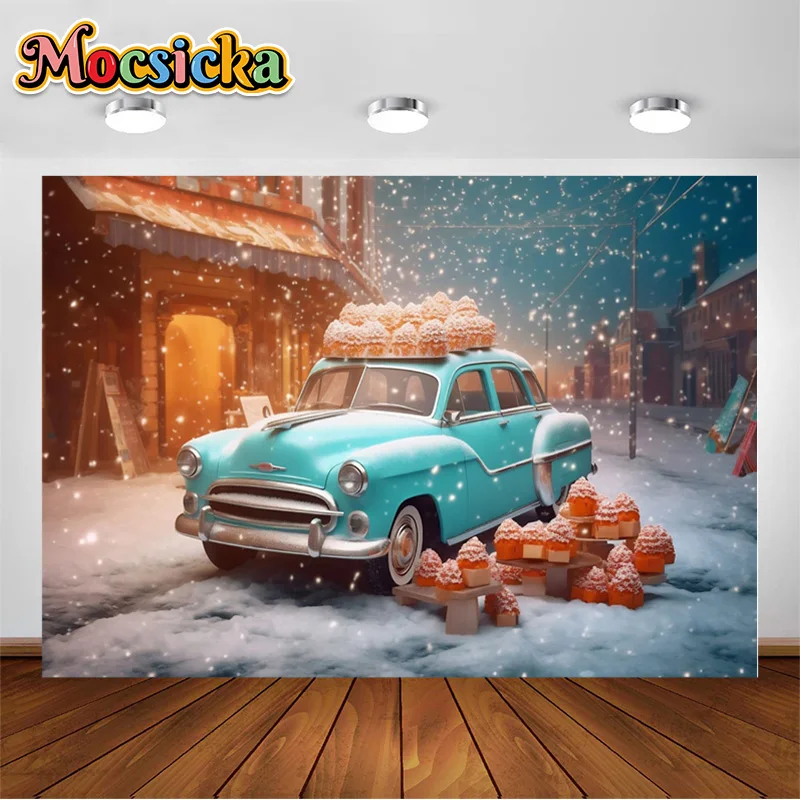 

Mocsicka Christmas Blue Car Backgrounds Indoor Soft Fake Snow Decoration for Xmas Tree Village Winter Faux Party Decor Backdrops