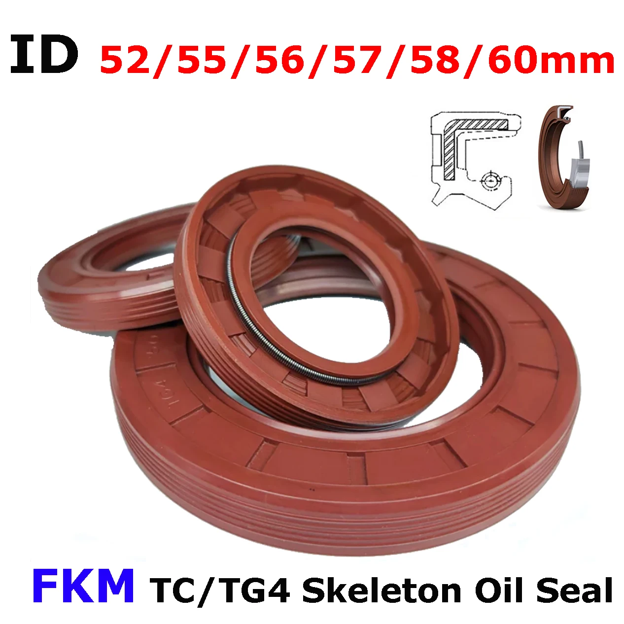 1pcs ID 52/55/56/57/58/60mm FKM TC/FB/TG4 Skeleton Oil Seal Rings Fluoro Rubber Double Lip Seal Gasket For Rotation Shaft