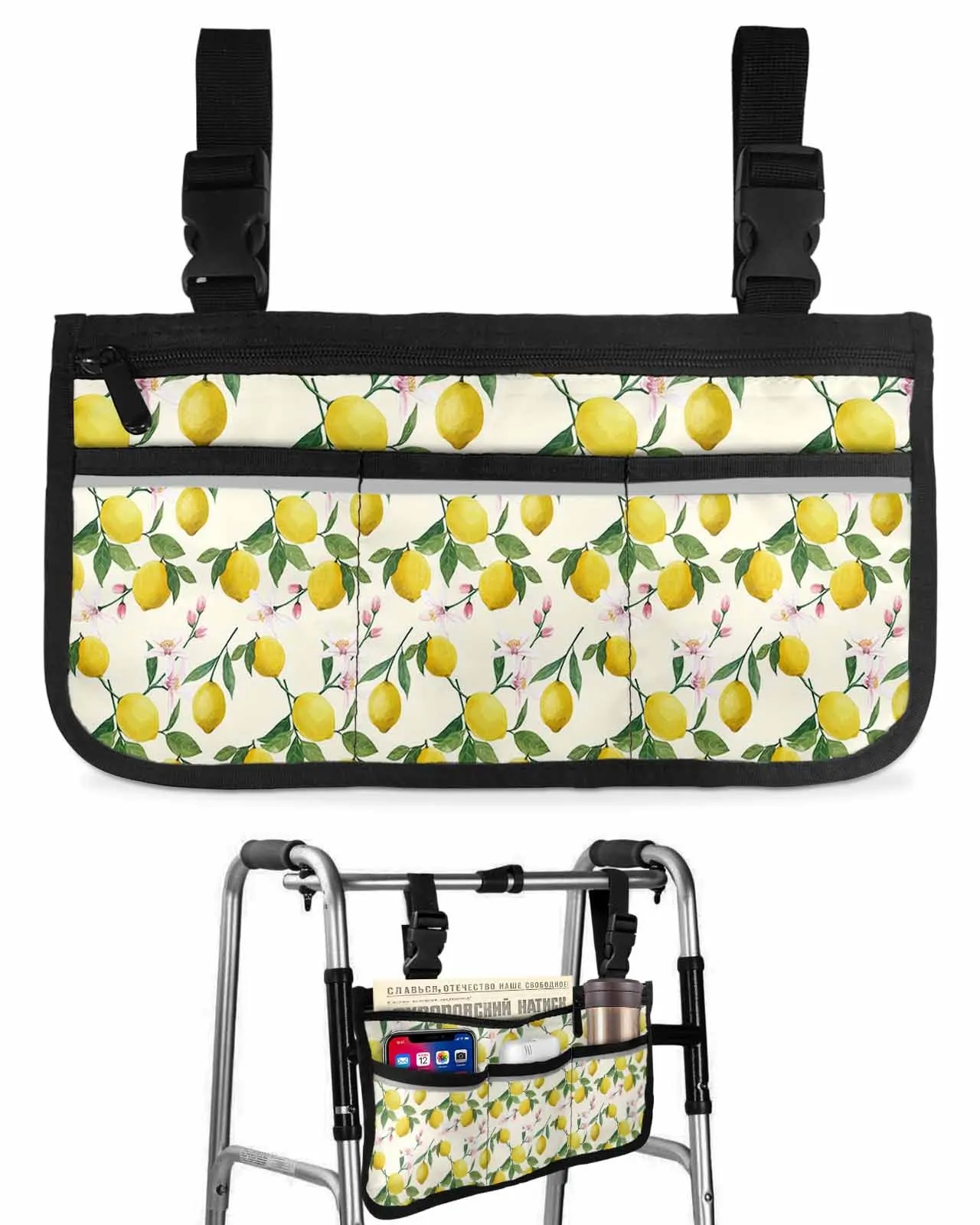 Summer Lemon Fruit Flower Wheelchair Bag With Pockets Armrest Side Bags Electric Scooter Walking Frame Storage Pouch