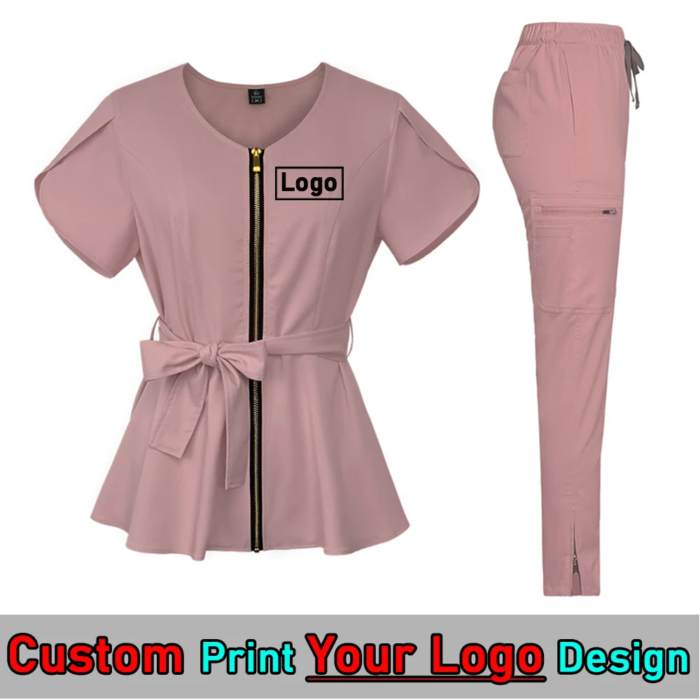 Custom Print Logos Medical Uniform High End Nurses Scrubs Set Hospital Workwear Zipper Pockets Tops+pants Suit Pharmacy Workwear