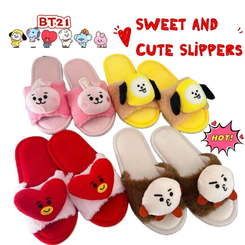 

BT21 koya RJ hooky Cartoon Cute Sweet Open Toe Slippers High Color Value Home Floor One Word Slippers Winter Cotton Slippers