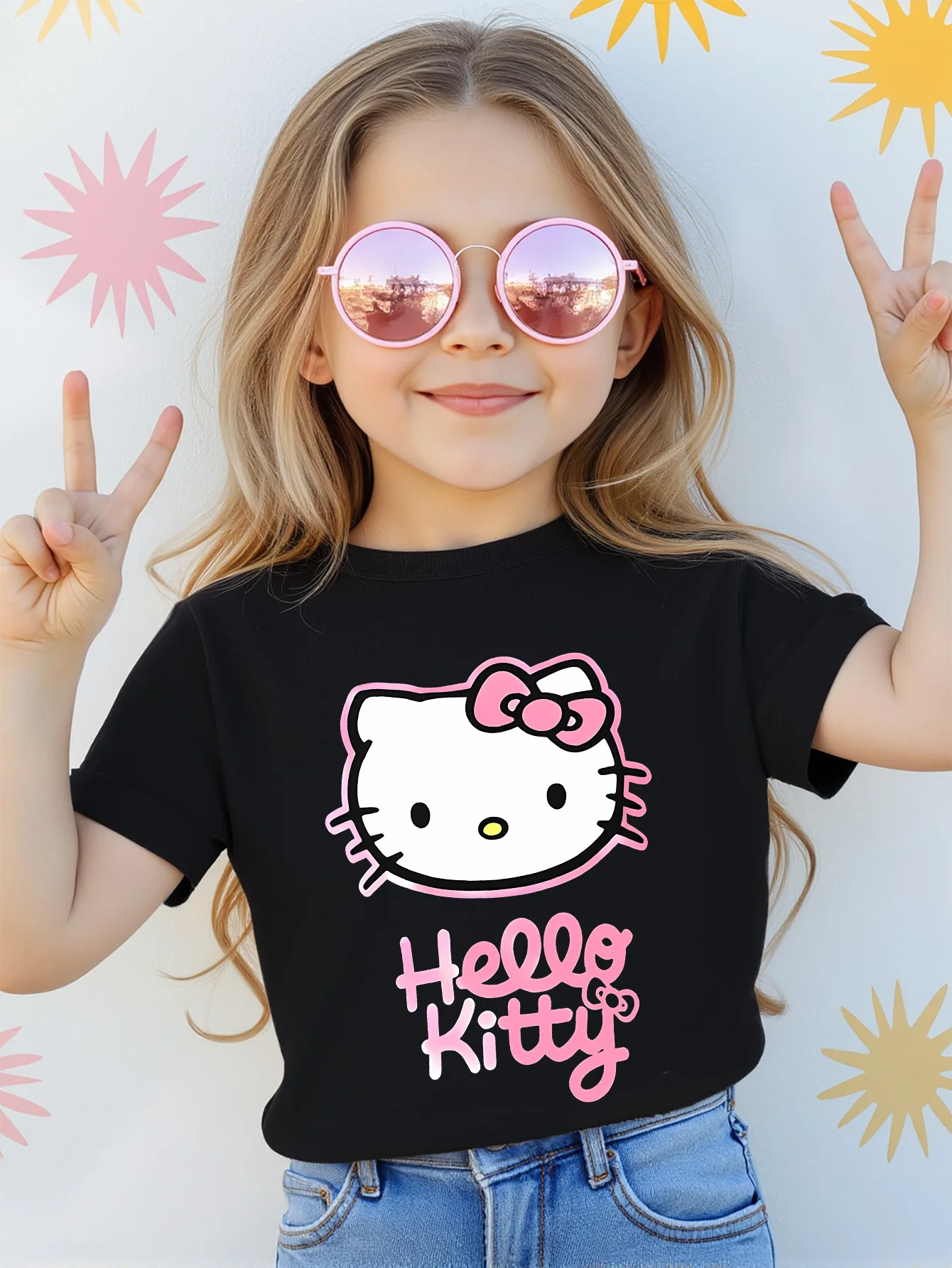 

Girls Hello Kitty Graphic T-Shirt Short Sleeve Cotton Tees Cute Cartoon Sanrio Y2k Tops Boys and Girls T-shirt Children Clothes