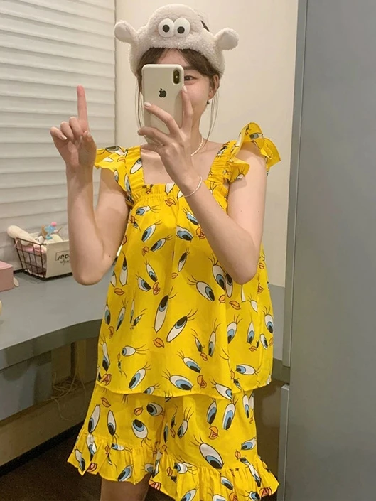 

Милый желтый комплект с принтом Du Print: женский летний модный комплект из двух предметов (топ и шорты) для пар, купальник