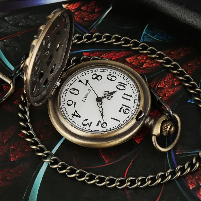 Vintage Half Hunter Hollow Bamboo Case Retro Quartz Pocket Watch for Men Women Arabic Number Clock with Bronze Necklace Chain