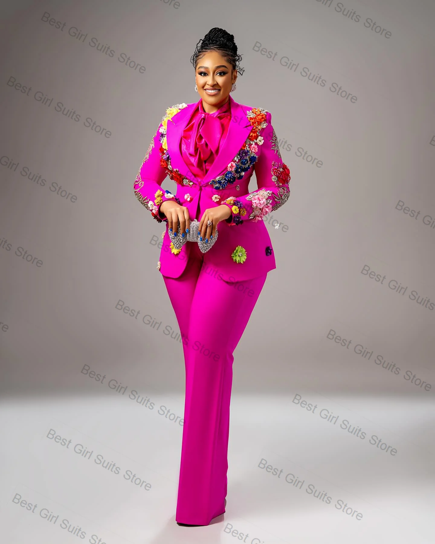 

Luxury Pink Women Suit Set 2 Piece Blazer+Pants Trousers 3D Flower Crystals Formal Office Lady Jacket Customized Wedding Coat