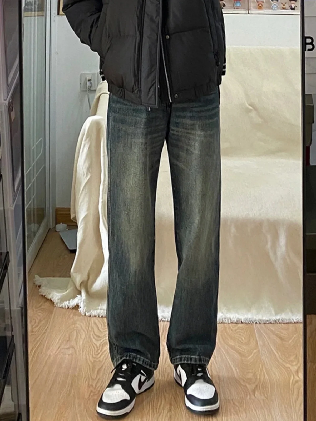 

Blue Waed Denim Jeans Men's Autumn Winter Wide Leg Straight Cut Trousers High Street American Sle Youth Faion Cotton Po...
