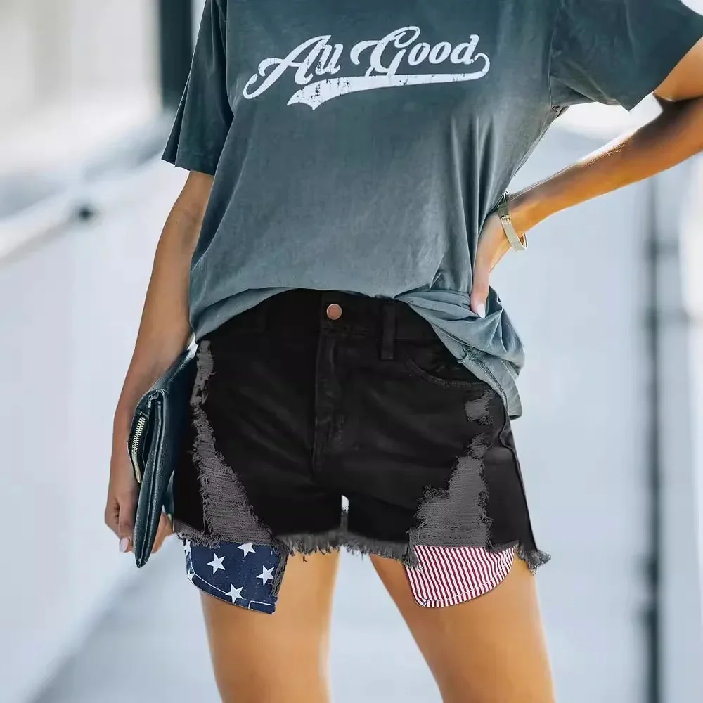 Shorts Denim Washed Women Jean Ripped Print High Waist Hole Spliced Slim Fit Distressed Jeans 2025 Casual Pockets Summer - Image 2
