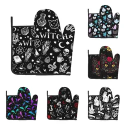 Set di guanti e presine da forno gotici Skull Cat Moon, guanti da cucina antiscivolo resistenti al calore cuscinetti caldi con strato interno in cotone