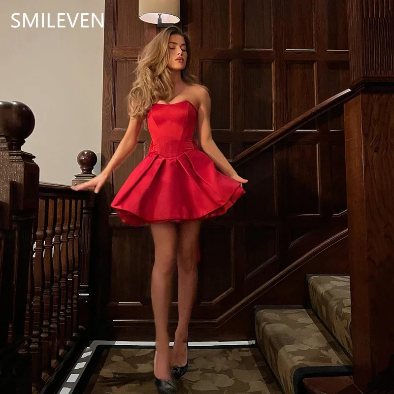 

Smileven A-line Red Mini Prom Dress Backless Sexy Party Gowns Strapless Length Formal Evening Dress Christmas Customized 2025