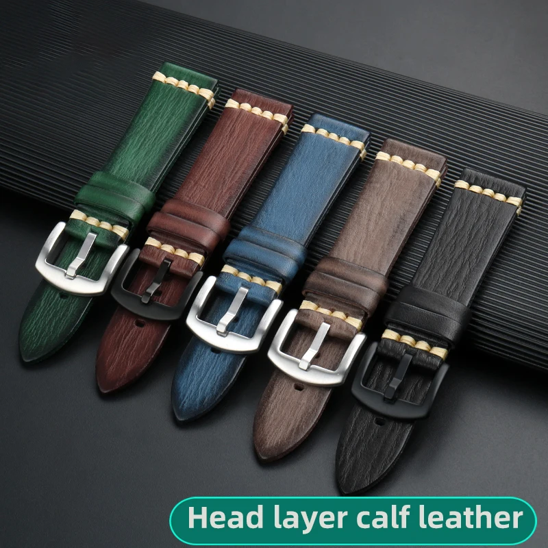 Universal Genuine Leather Watch Accessories 20mm 22mm 24mm Strap For Rolex Green Water Ghost Rado Traditon Retro Cowhide Band