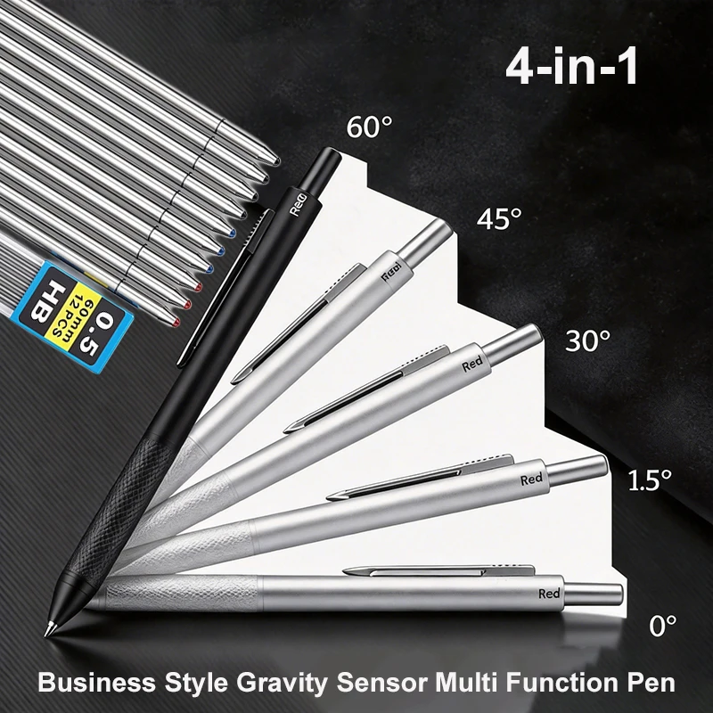 Portable 4 in 1 Gravity Sensing Multi Function Pen 0.7mm Black Red Blue Ballpoint Refills 0.5mm Mechanical Pencil Signture Tools