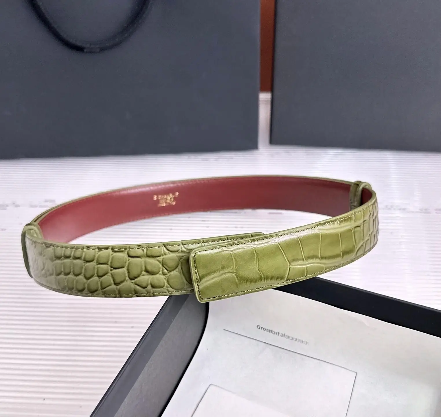 Genuine Leather Replacement Belt Strap, Glossy Avocado Green Croc Pattern, Reversible Wine Red Inside, Multiple Sizes