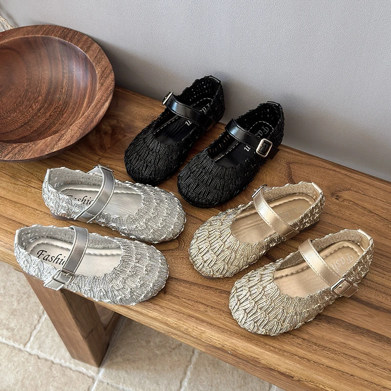

Детская повседневная обувь, модная весенняя обувь из сетки для девочек, вязаная нескользящая дышащая обувь с мягкой подошвой, серебристо-черные туфли, размер 23-36