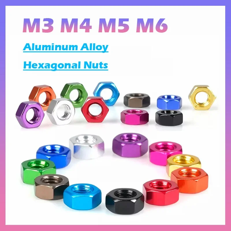 10Pcs M3 M4 M5 M6 Colourful Anodised Aluminium Alloy Hex Nut  Aluminum Hexagon Full Nuts - Hex Metric For Screws Bolts Locknuts