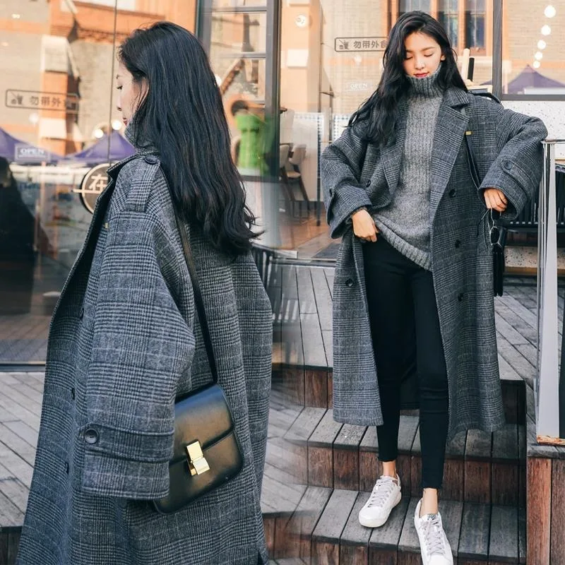 Plaid Coat for Women, Mid-length, Autumn New Style, Korean Version, Loose Fit, Knee-length, French Style Outerwear Women Coat
