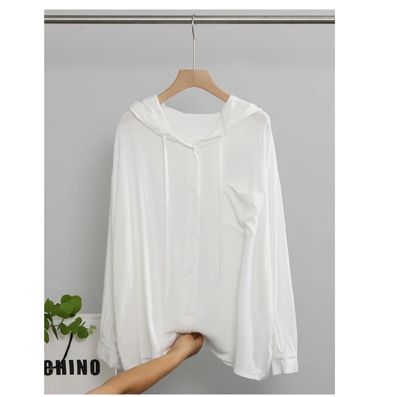 Cotton Silk Summer Women Long-sleeved Hooded Shirt Outdoor Travel Sun Protection Clothing Light Soft Loose Shirt Large Size 3XL