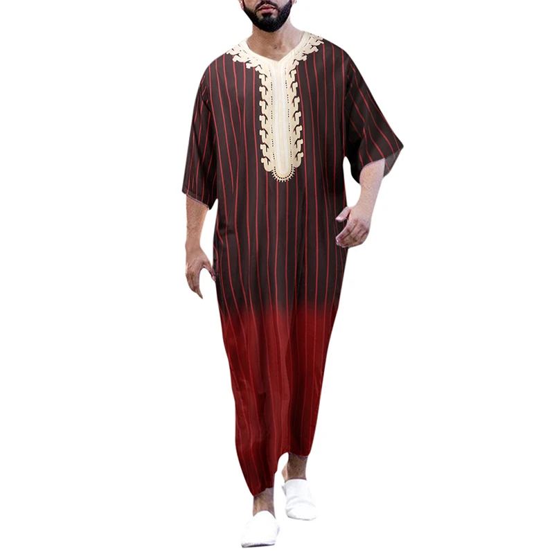 Men V‑Neck Ethnic Print Thobe Robe Short Sleeve Side Split Long Kaftan Muslim Arabic Traditional Dress For Daily Wear M-4XL