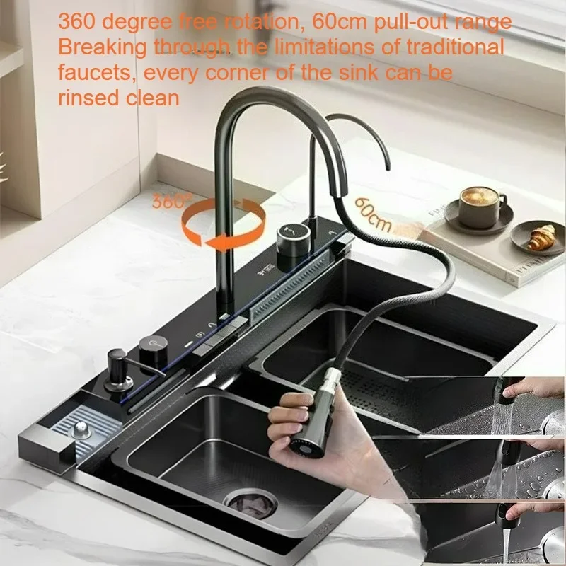 

Stainless Steel Integrated Digital Multifunctional Kitchen Sink with Large Single Slot Faucet Soap Dispenser And Cup Washer
