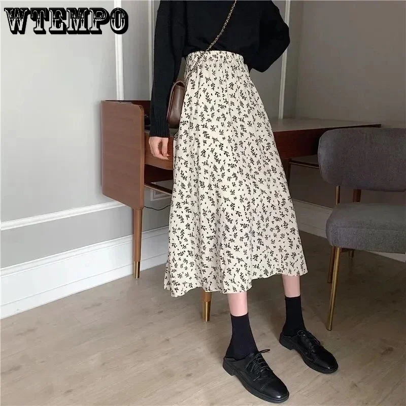 WTEMPO, faldas largas plisadas acampanadas con estampado Floral Vintage, ropa de calle coreana para mujer, falda informal de longitud media con cintura elástica alta