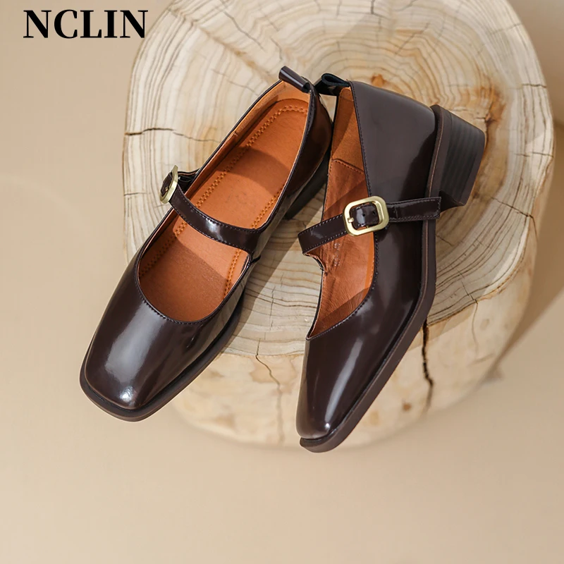 

Женские туфли из спилка с квадратным носком, туфли-лодочки с ремешком и пряжкой, на каблуке, весна 2024