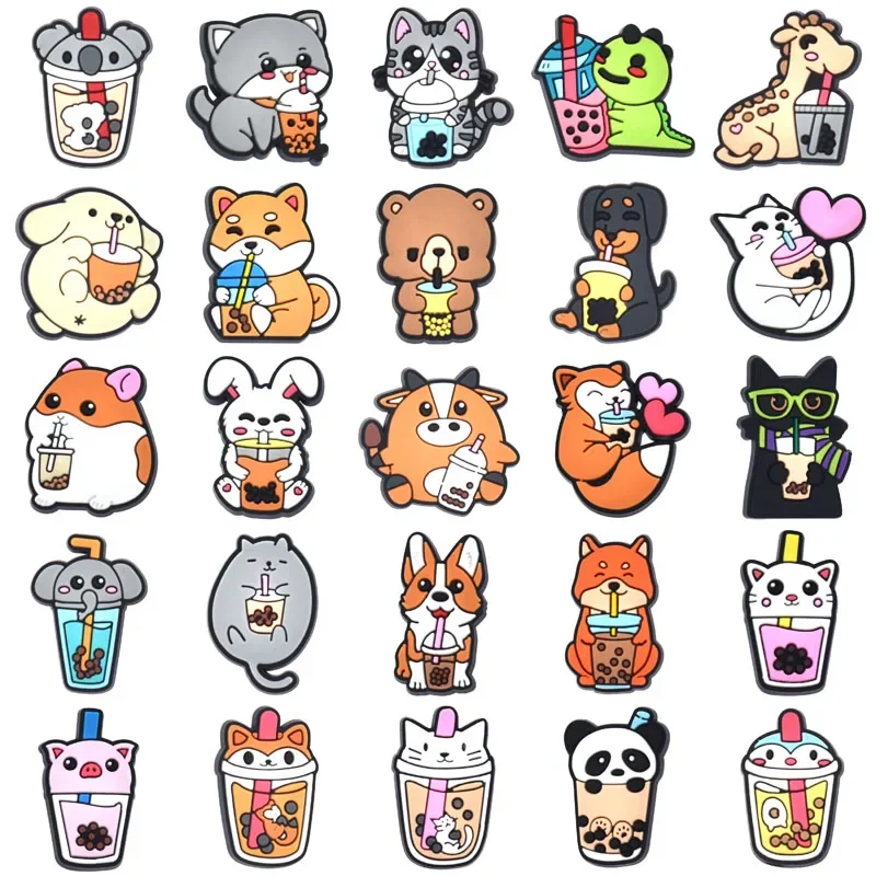 Fox Drinking Milk Tea Shoe Charms for Crocs Sandals Women Clogs Pins Men Badges Kids Jeans Decorations Buckle Shoes Accessories