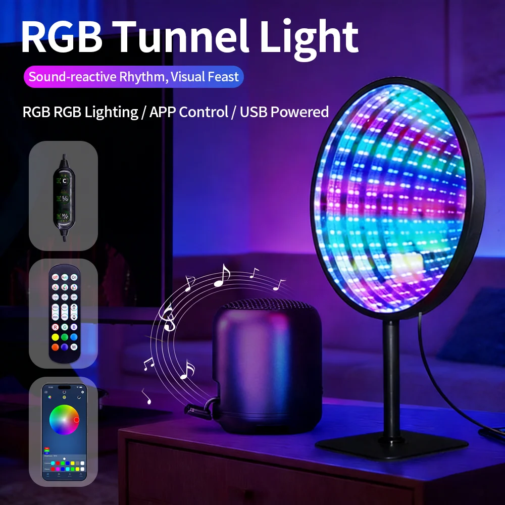 

RGB Creative Ambient Light Round Acrylic Infinity Mirror 3D Deep Tunnel Light Time Tunnel Lamp for Bedroom Bedside Living Room