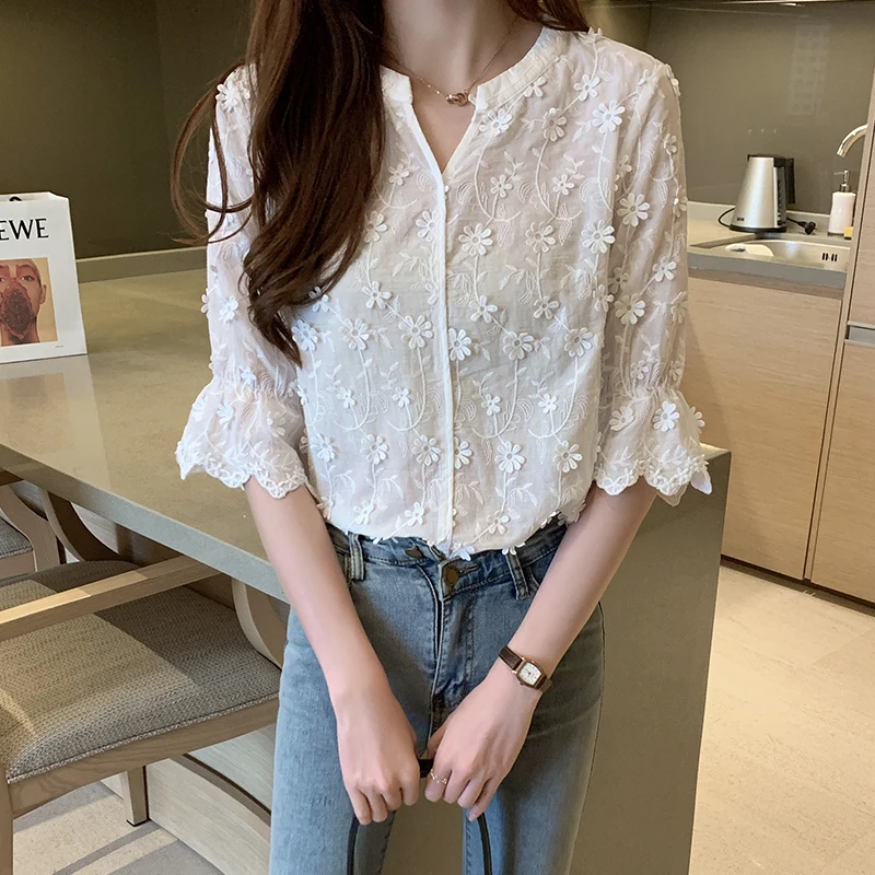 2024 Elegant Blouses Summer Embroidered White Lace Shirt Cotton Blouse Floral Short Sleeve Woman\'s Shirt Blouse New 9638