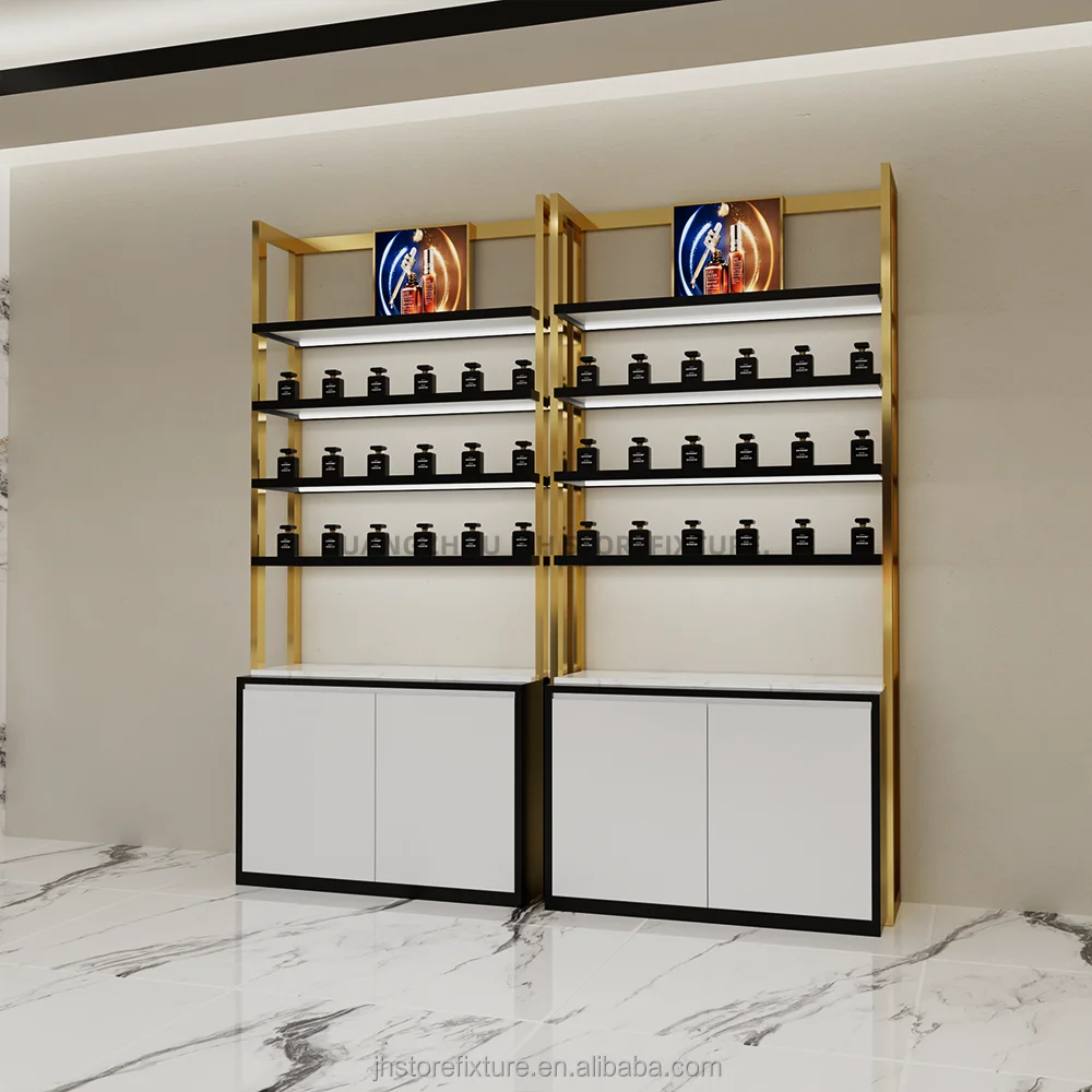 ชั้นวางโชว์สินค้าแบบกำหนดเอง 3 ชั้น ชั้นวางน้ำหอม ชั้นวางของตกแต่ง ชั้นวางจัดระเบียบของใช้ในร้าน ตกแต่งภายในร้านน้ำหอมแบบกำหนดเอง