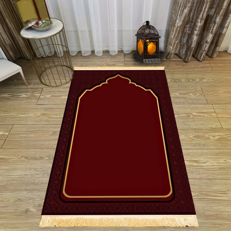 VIKAMA Burgundy Prayer Rug with Gold Trim Arch Design Muslim Prayer Mat Portable Carpet for Bedroom Living Room Travel Decor