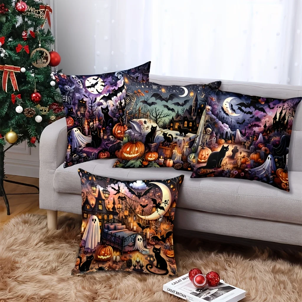 Halloween Pillow Covers, Black Cat Skull Pumpkin Ghost Bat Pattern Linen Cushion Covers, No Pillow Inserts