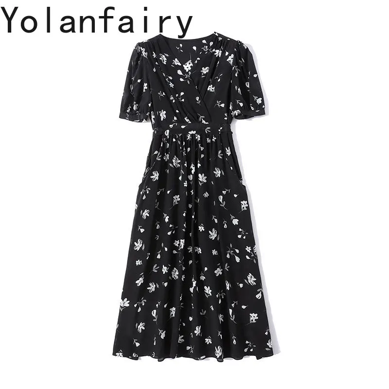YOLANFAIRY New 100% Real Mulberry Silk Black Dress Summer 2025 Elegant Dresses for Woman Lace-up Floral A-line Dress sommerkleid