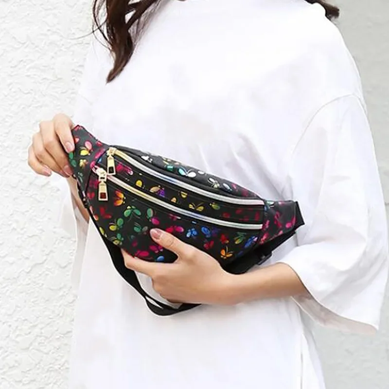 Leaf Printed Female Waist Bags Large Capacity Fanny Pack Men\'s Belt Bag Women Fashion Casual Canvas Travel Banana Bags