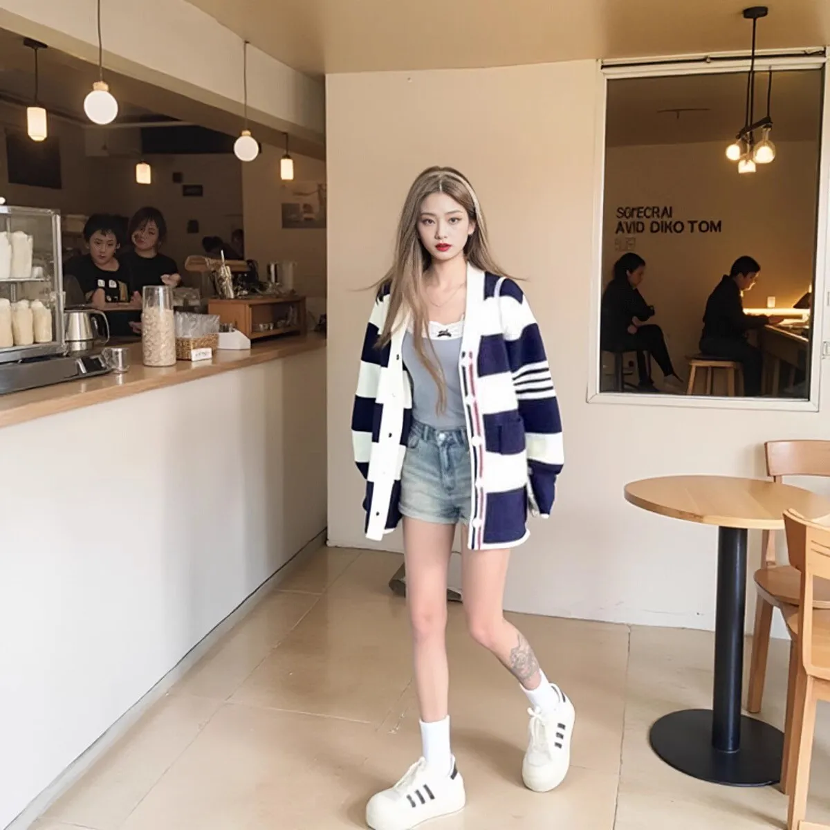 

College Style Contrasting Striped Knitted ardigan for Women in Early Autumn, with a Lazy and Relaxed Feeling, Loose Waffle Korea