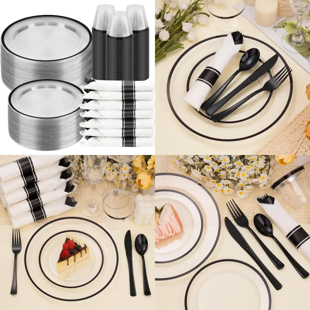 

Набор одноразовых тарелок на 50 гостей: 100 прозрачных и черных тарелок, 50 чашек, 50 салфеток с столовыми приборами для мероприятий